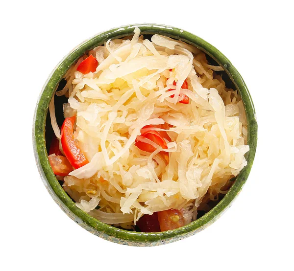 Bowl Tasty Sauerkraut White Background — Stock Photo, Image