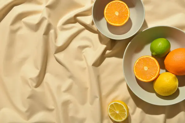Bowls Healthy Citrus Fruits Light Fabric Background — Stock Photo, Image