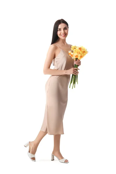 Mulher Bonita Com Bouquet Narciso Fundo Branco — Fotografia de Stock