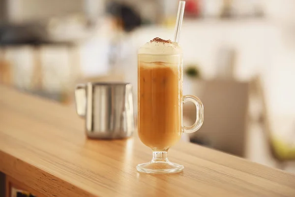 Glass Tasty Iced Coffee Wooden Table — Stock Photo, Image