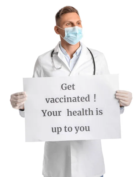 Mužský Lékař Drží Plakát Textem Vaccinováno Vaše Zdraví Vaše Bílém — Stock fotografie