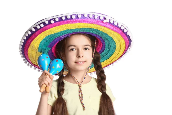 Feliz Chica Mexicana Sombrero Sombrero Con Maracas Sobre Fondo Blanco —  Fotos de Stock