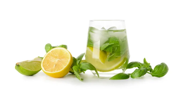 Glass Lemonade Basil White Background — Stock Photo, Image