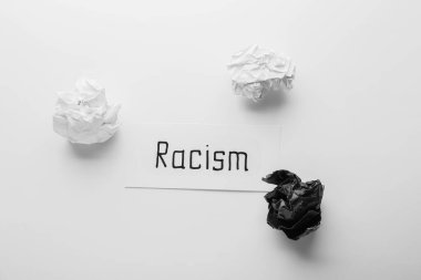 Kağıt parçası kelime RACISM ve beyaz arkaplan üzerine buruşuk kağıtlar