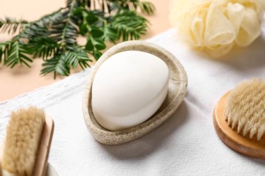 Arkaplanda sabun ve banyo malzemeleri olan bir kase.