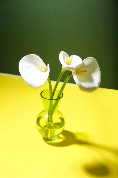 Vaso Com Lindos Lírios Calla Fundo Cor — Fotografia de Stock