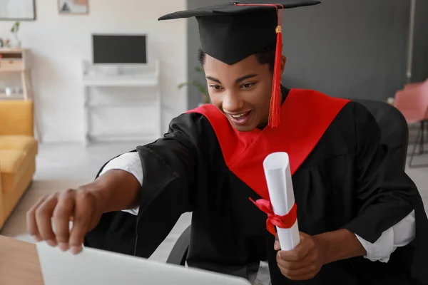 Happy African American Student His Graduation Day Home Concept Online — Stock Photo, Image