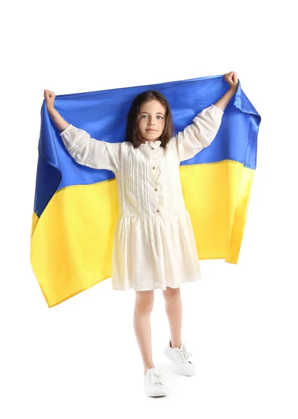 Little Girl Ukrainian Flag White Background — Stock Photo, Image