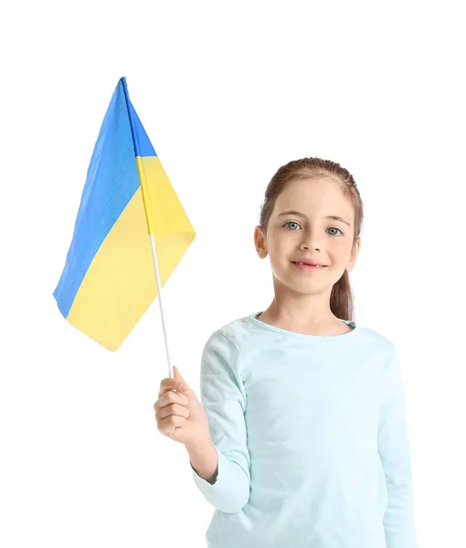 Menina Com Bandeira Ucraniana Fundo Branco — Fotografia de Stock