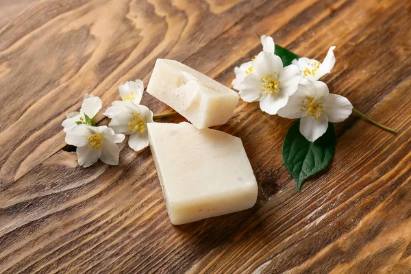 Soap Bar Flowers Wooden Background — Stock Photo, Image