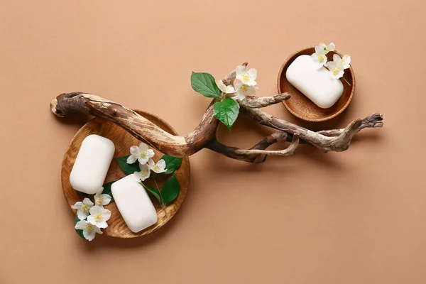 Composition Soap Bars Flowers Tree Branch Color Background — Stock Photo, Image