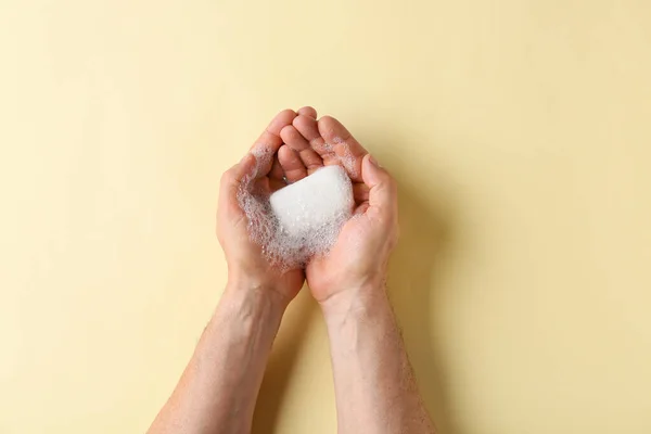 Man Holding Soap Foam Color Background — Stock Photo, Image