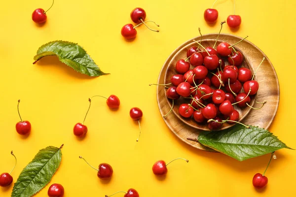 Bowl Tasty Ripe Cherry Color Background — Stock Photo, Image