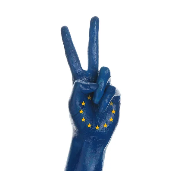 Mão Pintada Cores Bandeira União Europeia Mostrando Gesto Vitória Sobre — Fotografia de Stock