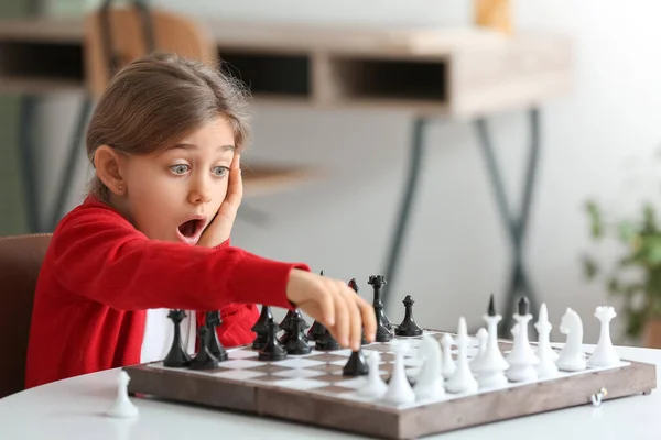 Cute Little Girl Playing Chess Home — Stock Photo, Image