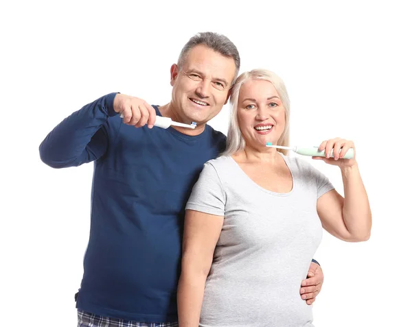 Mature Couple Brushing Teeth White Background — Stock Photo, Image