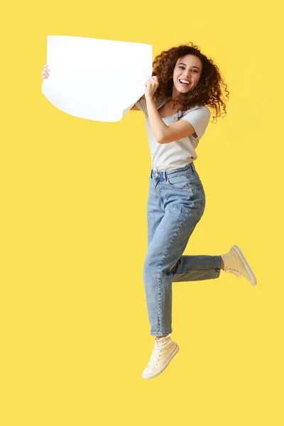 Jumping Young Woman Blank Poster Color Background — Stock Photo, Image