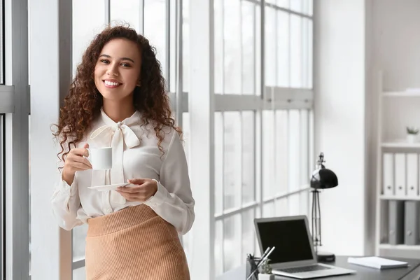 Beautiful Young Woman Drinking Coffee Office — Stock Photo, Image