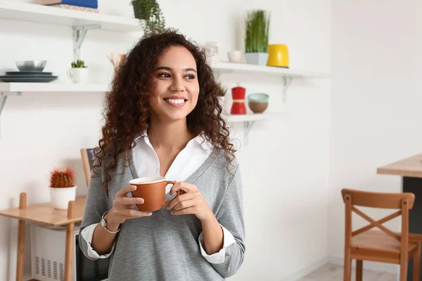 Beautiful Young Woman Cup Coffee Kitchen — Stock Photo, Image