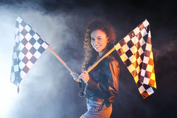 Beautiful Young Woman Racing Flags Dark Background — Stock Photo, Image