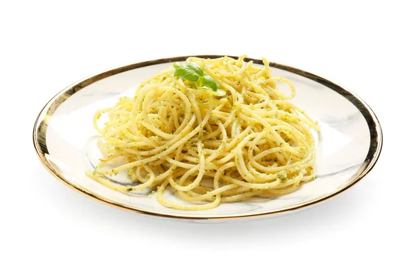 Plate Tasty Pesto Pasta White Background — Stock Photo, Image