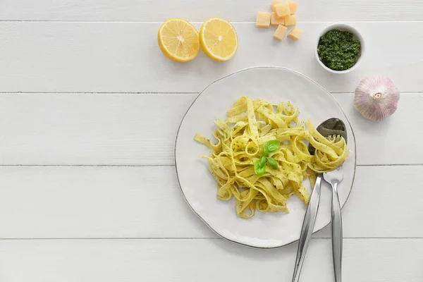 Plate Tasty Pesto Pasta Table — Stock Photo, Image