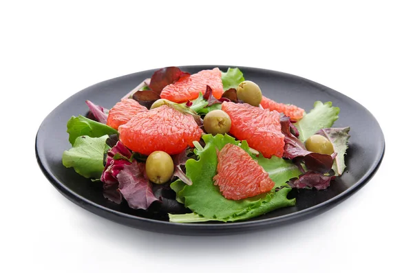 Teller Mit Leckerem Grapefruitsalat Auf Weißem Hintergrund — Stockfoto