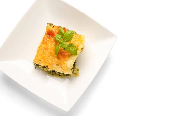 Plate Tasty Green Lasagna White Background — Stock Photo, Image
