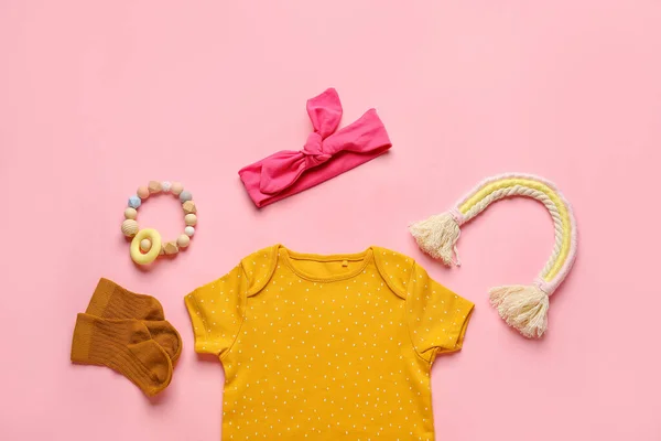 Set Baby Clothes Socks Toy Color Background — Stock Photo, Image