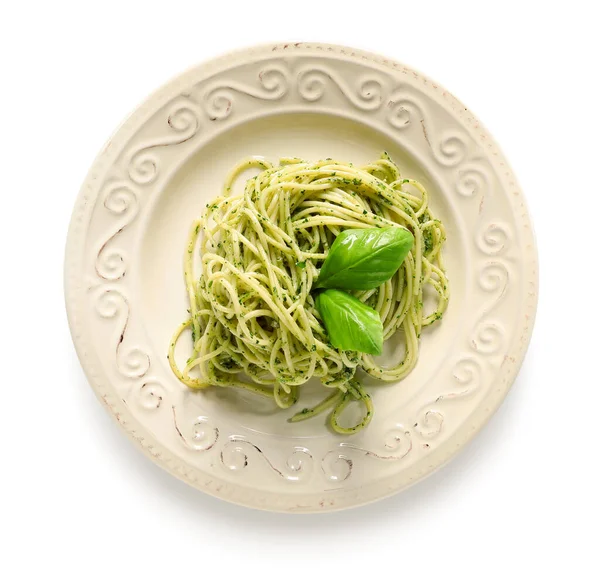 Plate Tasty Pesto Pasta White Background — Stock Photo, Image