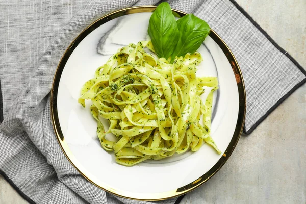 Plate Tasty Pesto Pasta Grunge Background — Stock Photo, Image