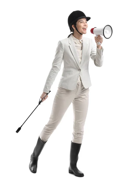 Screaming Female Jockey Megaphone White Background — Stock Photo, Image