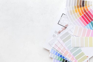 Beyaz arkaplanda boya örnekleri ve ev planı