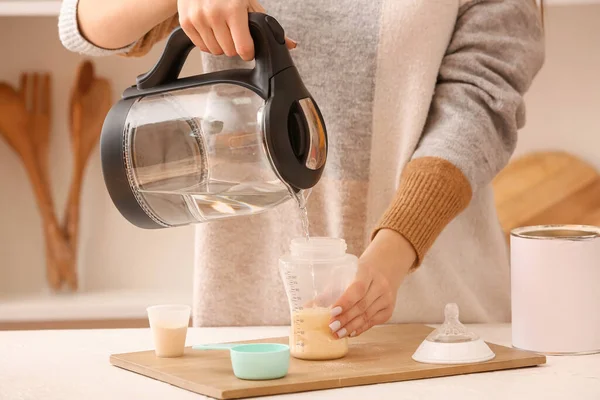 Woman Preparing Baby Milk Formula Kitchen — Stock Photo, Image