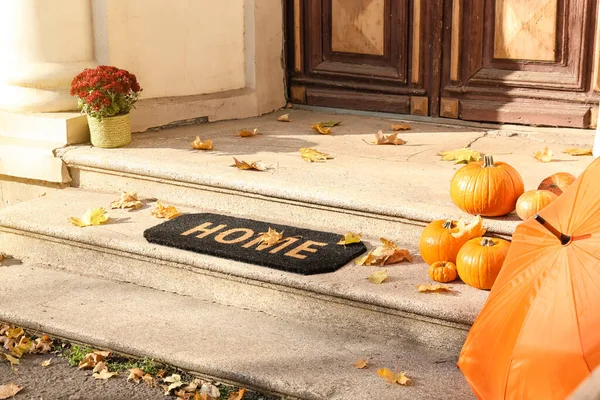 Doormat Umbrella Pumpkins Entrance House Autumn Day — Stock Photo, Image