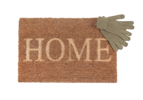 Doormat Com Luvas Fundo Branco — Fotografia de Stock