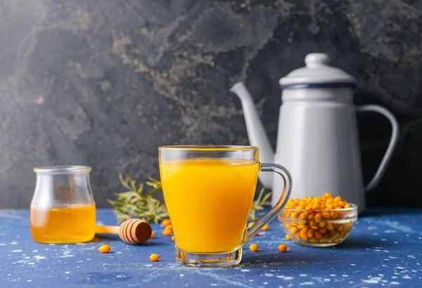 Cup Healthy Sea Buckthorn Tea Honey Table — Stock Photo, Image