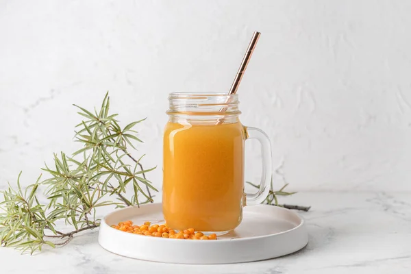 Mason Jar Healthy Sea Buckthorn Tea White Background — Stock Photo, Image