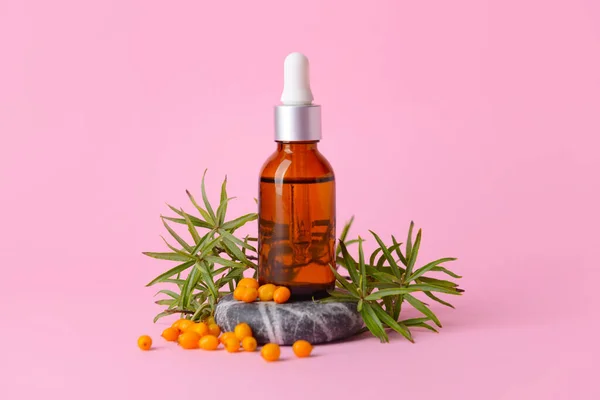 Bottle Healthy Sea Buckthorn Oil Color Background — Stock Photo, Image