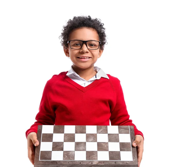 Cute African American Boy Chessboard White Background — Stock Photo, Image
