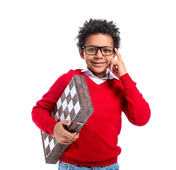 Cute African American Boy Chessboard White Background — Stock Photo, Image