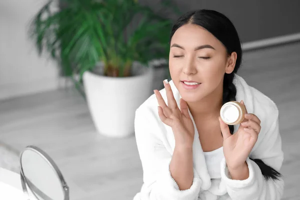 Beautiful Asian Woman Applying Cream Bathroom — Stock Photo, Image