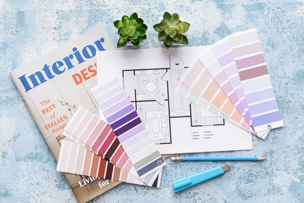 Sammansättning Med Färg Färgprover Och Hus Plan Färg Bakgrund — Stockfoto