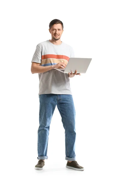 Schöner Mann Mit Laptop Auf Weißem Hintergrund — Stockfoto