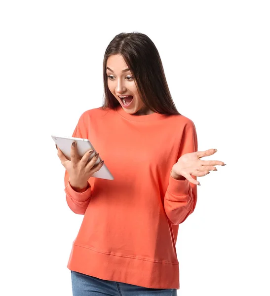 Surprised Young Woman Using Tablet Computer White Background — Stock Photo, Image