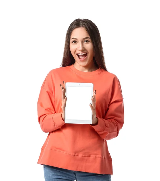 Šťastná Mladá Žena Počítačem Tablet Bílém Pozadí — Stock fotografie