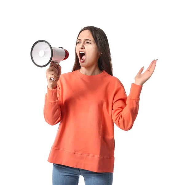 Young Woman Megaphone White Background — Stock Photo, Image