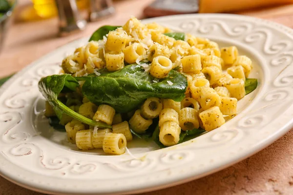 Plate Tasty Pasta Spinach Table Closeup — Stock Photo, Image