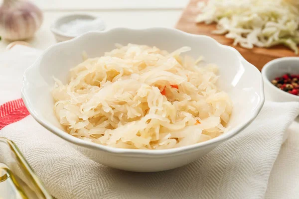 Bowl Tasty Sauerkraut Table — Stock Photo, Image