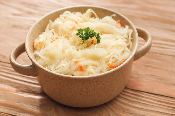 Pot Tasty Sauerkraut Wooden Background — Stock Photo, Image